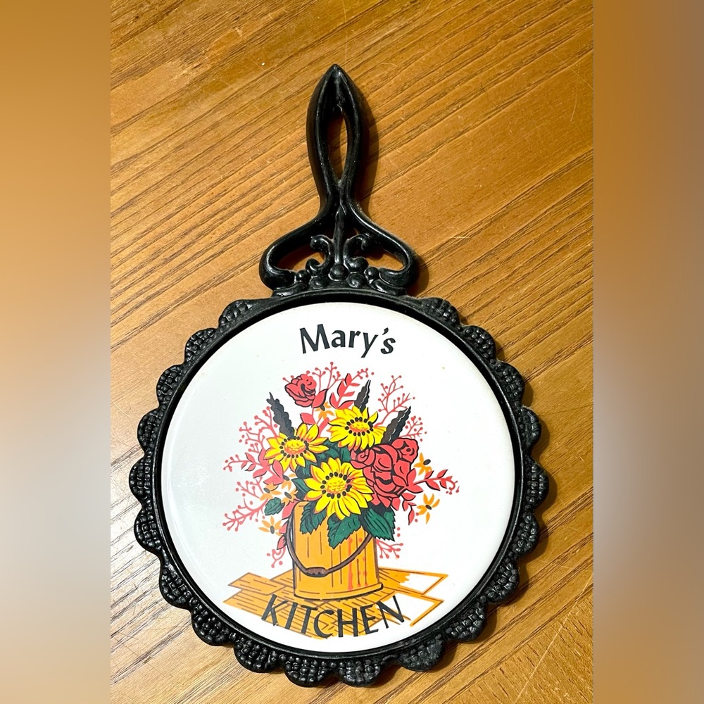 Vintage Cast Iron Ceramic Tile Trivet with Floral Design "Mary's Kitchen" Plaque